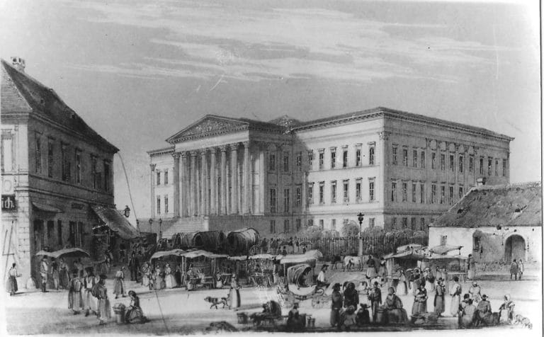 A Nemzeti Múzeum, illetve a kép jobb szélén a Két Pisztoly épülete Ludwig Rohbock képén (1860 körül) - Wikipedia