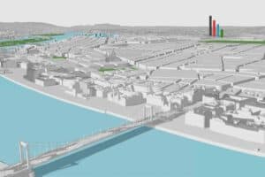 A Rákosrendező területén álló 140 m-es, 240 m-es, 320 m-es és 420 m-es tornyok megjelenése a Gellért-hegy felől – Forrás: Főpolgármesteri Hivatal, BFVT
