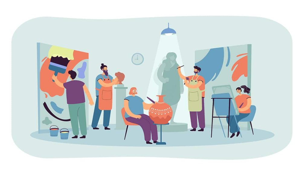 Artists and sculptors creating artworks in workshop or design studio. Creative people painting, sculpturing and drawing. Vector illustration in cartoon style for art community concept
