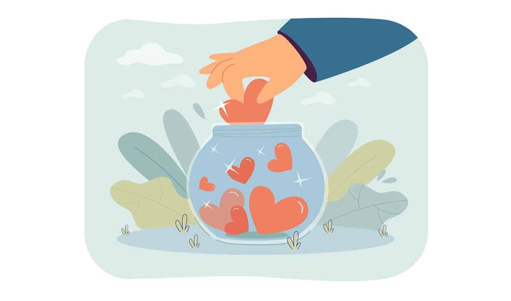 Volunteers hand putting heart in glass donation jar. Person giving love gift to poor people flat vector illustration. Charity campaign, service concept for banner, website design or landing web page