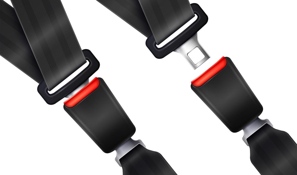 Set of realistic transportation seat belts with textured black strap on white background vector illustration