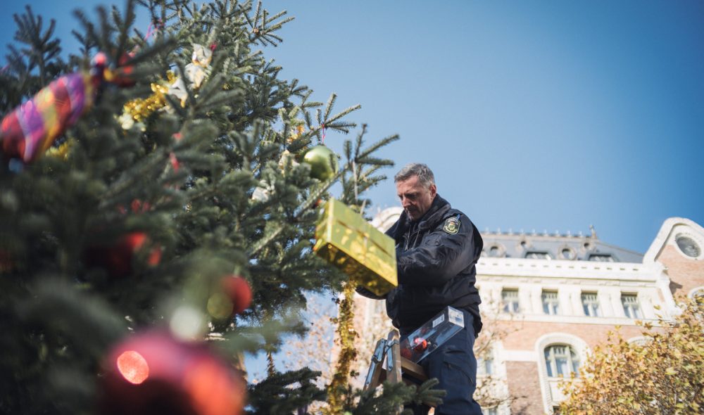 A Jozsefvarosi Onkormanyzat dolgozoi karacsonyfat diszitenek a Horvath Mihaly teren, 2022. december 13-an. Foto: Karancsi-Albert Rudolf / Jozsefvaros Ujsag